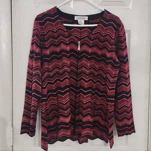 Exclusively Misook Chevron Knit Zip Cardigan Jacket Pink Black Scalloped Hem M